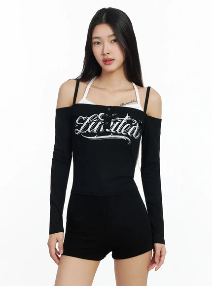 off-shoulder-graphic-layered-tee-ia508 / Black