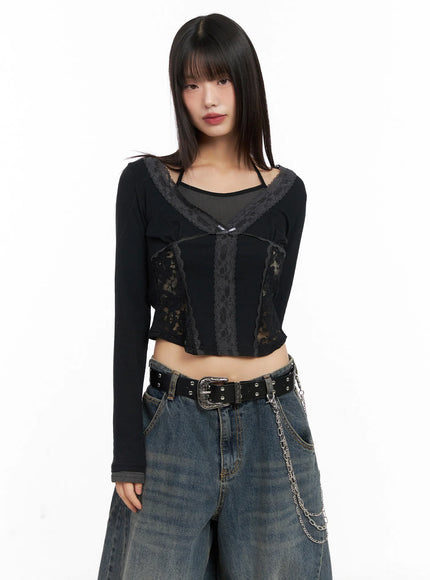 lace-halter-long-sleeve-top-in503 / Black