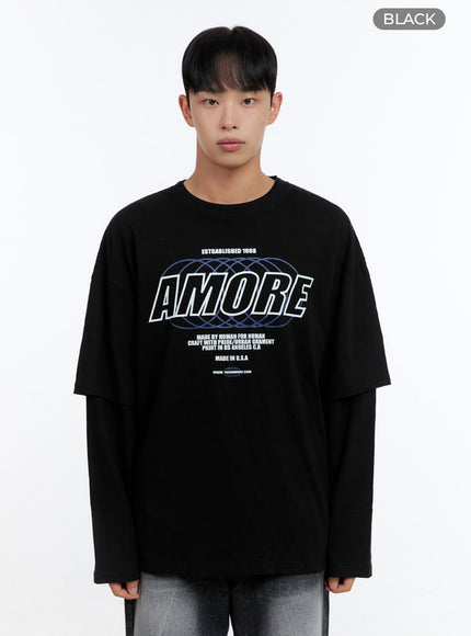 mens-oversize-cotton-graphic-layered-t-shirt-is413 / Black