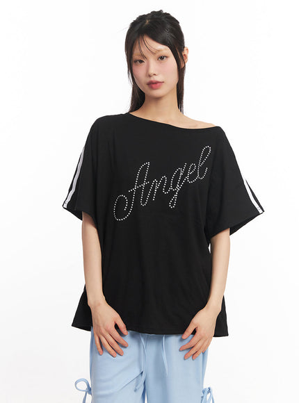 angel-stud-one-shoulder-stripe-t-shirt-iy502 / Black