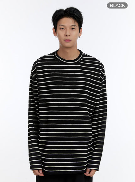 mens-striped-round-neck-long-sleeve-t-shirt-io428 / Black