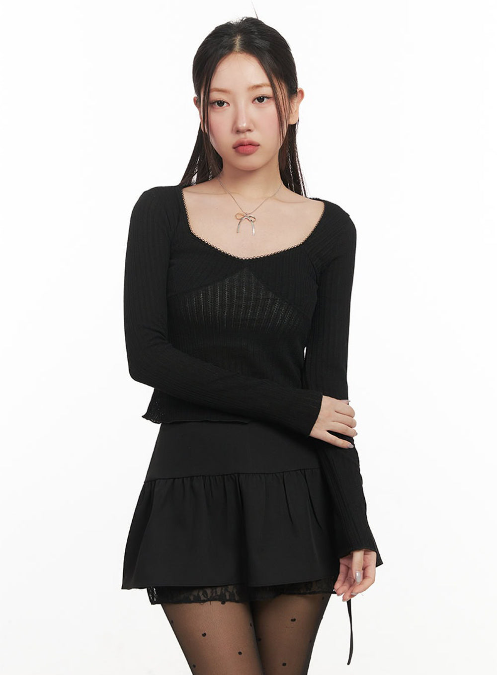 Ribbon Lace-Trim Long-Sleeve Top IM524