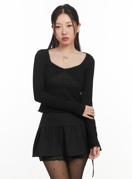 ribbon-lace-trim-long-sleeve-top-im524 / Black