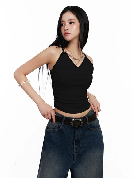 sleeveless-ruched-lace-cami-is525 / Black