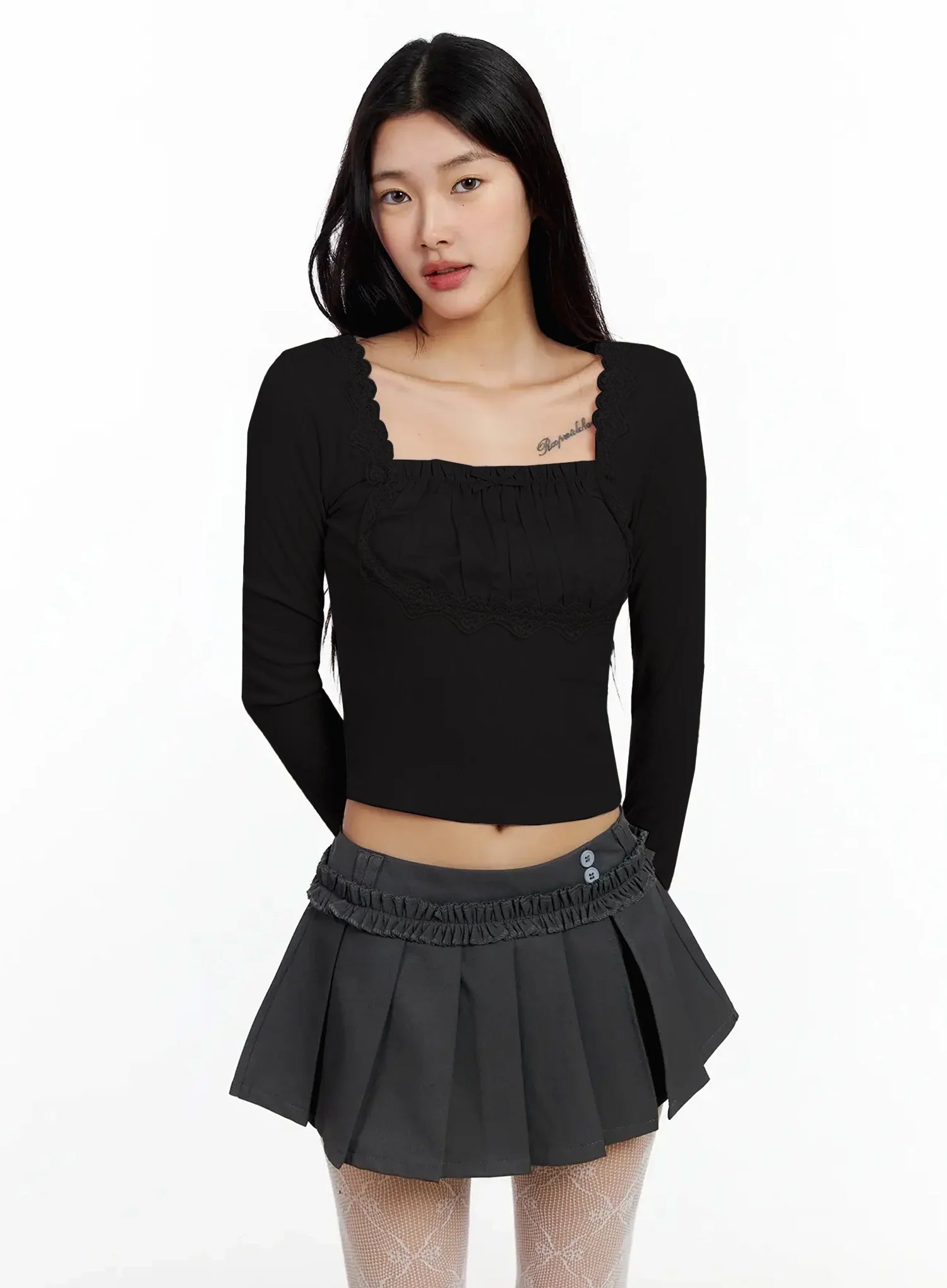 romantic-ribbon-detail-blouse-ia508 / Black