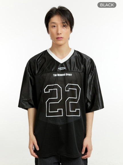 mens-mesh-lettering-v-neck-t-shirt-il418 / Black