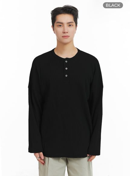 mens-quarter-button-round-neck-long-sleeve-ia401 / Black