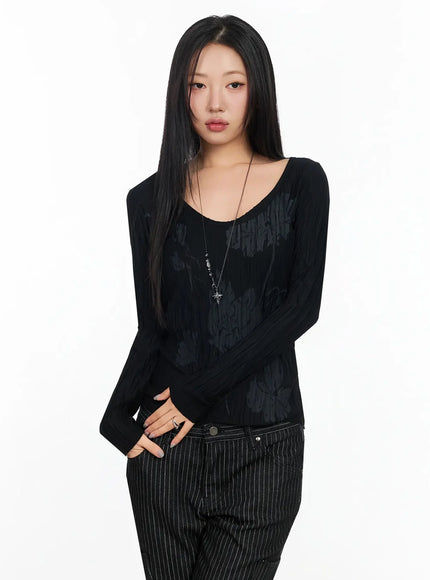 floral-pleated-u-neck-long-sleeve-ca513 / Black
