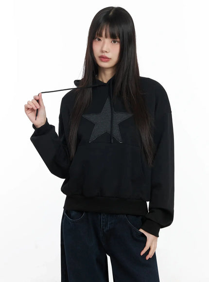 star-patch-cotton-hoodie-if505 / Black