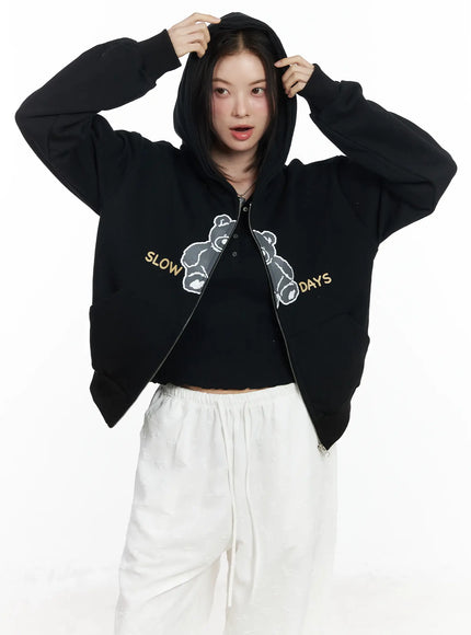 Teddy Bear Graphic Two-Way Zip-Up Hoodie IF525