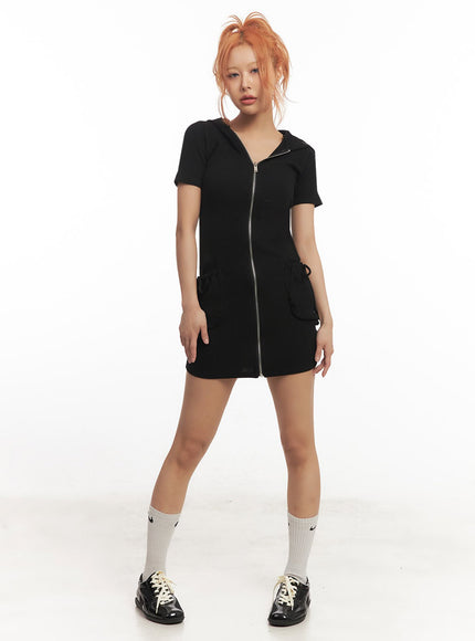 ribbed-zip-up-hooded-mini-dress-ia517 / Black