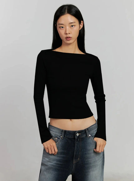boat-neck-long-sleeve-top-ij505 / Black