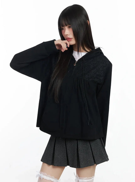 lace-accent-zip-up-hoodie-if505 / Black