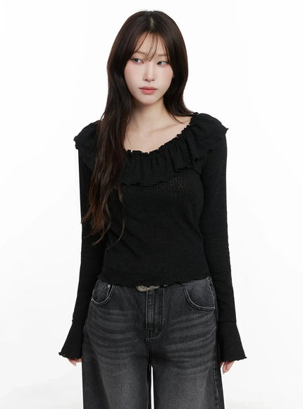 frilled-off-shoulder-long-sleeve-top-in514 / Black