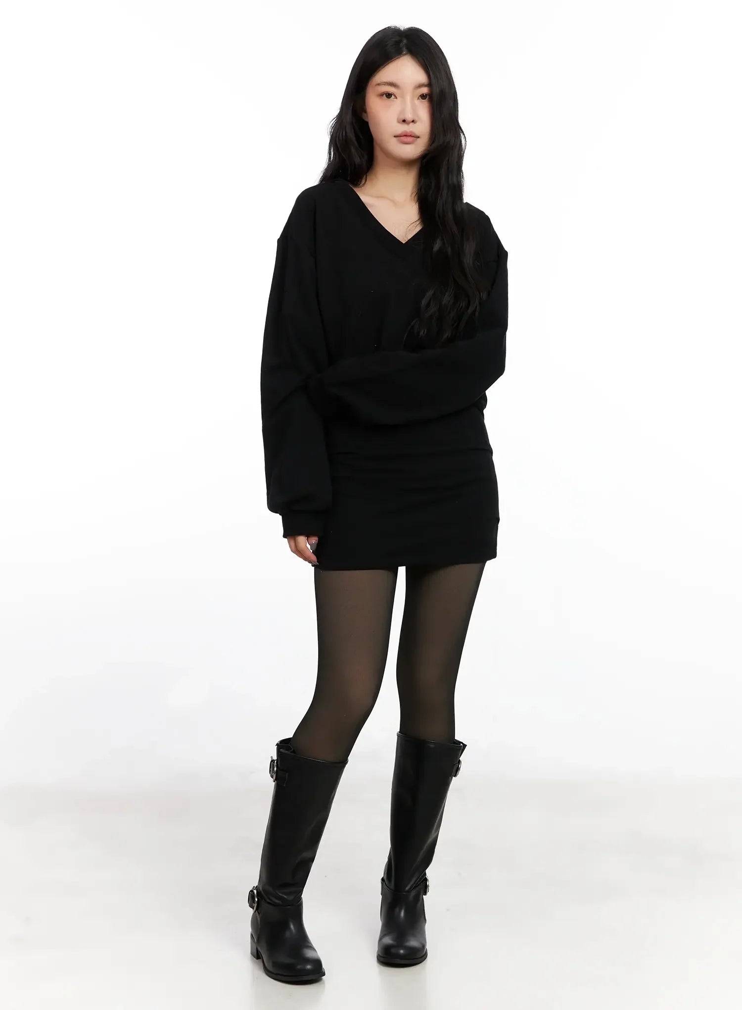 v-neck-sweatshirt-mini-dress-in528 / Black