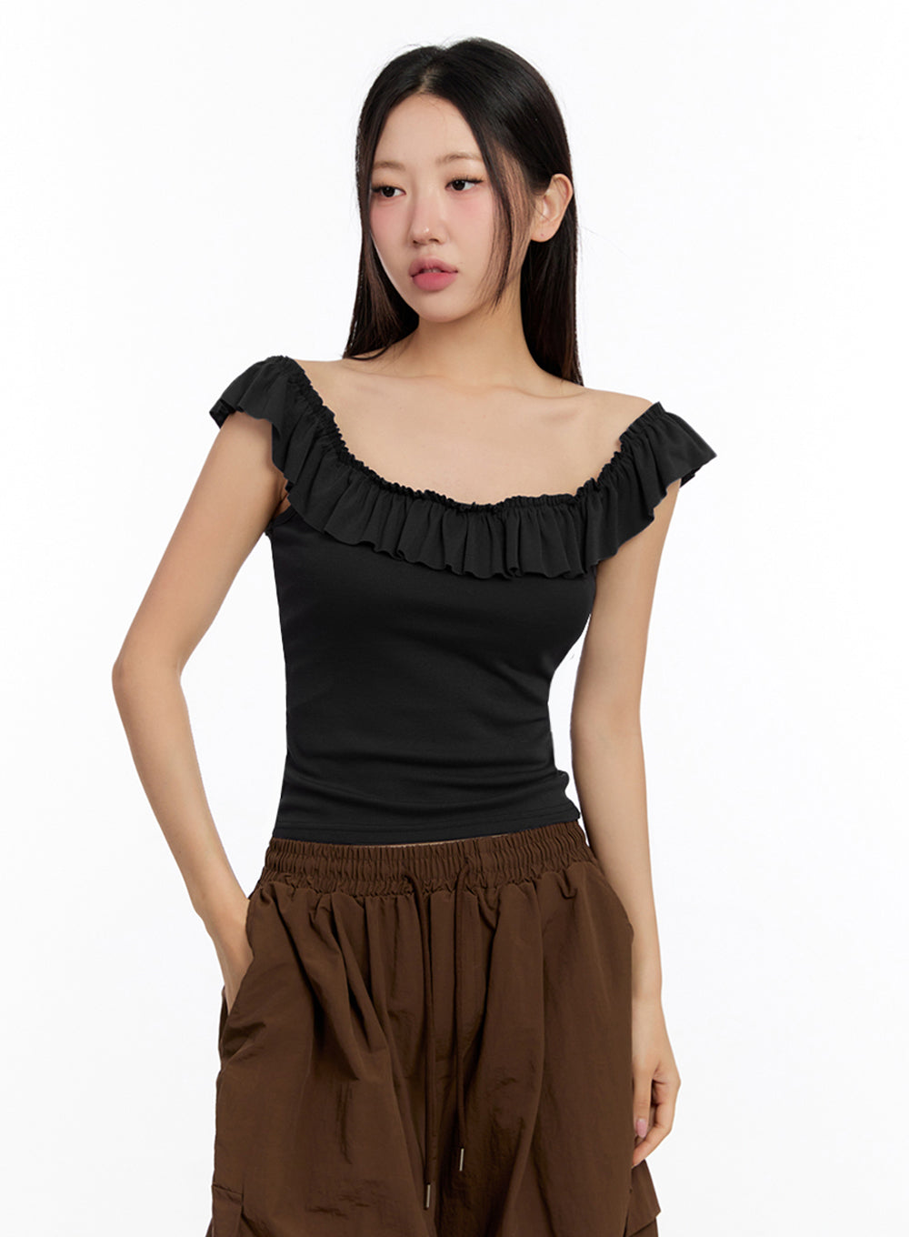 slim-fit-frill-tank-top-iu509 / Black