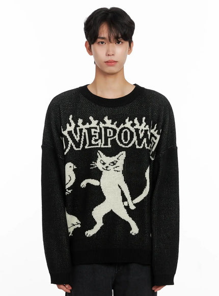 mens-oversized-graphic-knit-sweater-io516 / Black