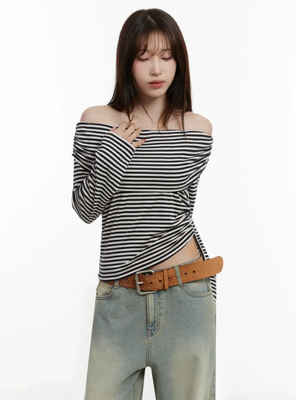 striped-off-shoulder-shirred-top-ij516 / Black