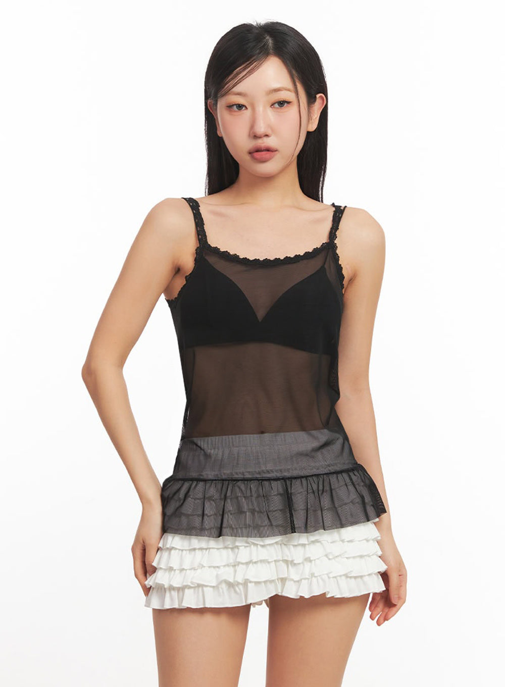 sheer-frill-trim-lace-cami-top-ia524 / Black
