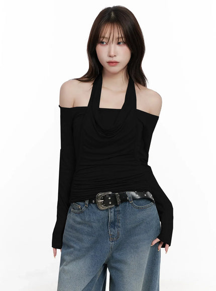 off-shoulder-draped-halter-top-in525 / Black