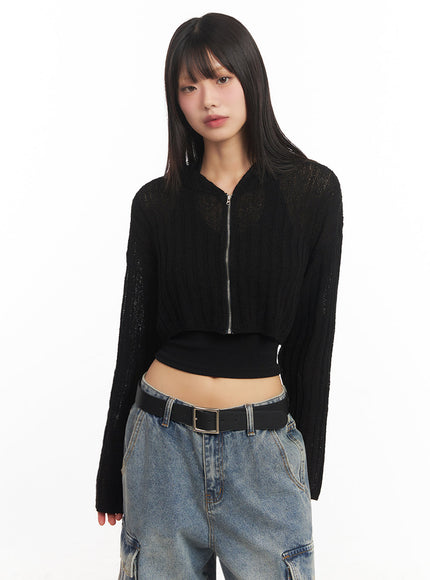 zip-up-sheer-hooded-cardigan-ia528 / Black