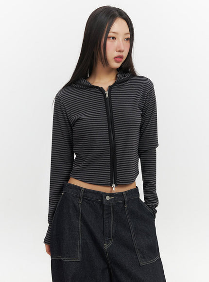 striped-zip-up-hooded-crop-jacket-if510 / Black