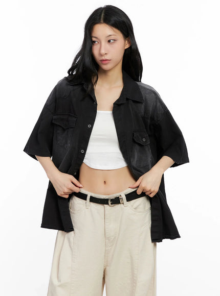 washed-short-sleeve-button-up-shirt-ig508 / Black