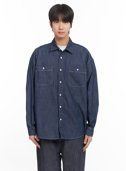 mens-stitched-button-up-denim-shirt-ia510 / Blue