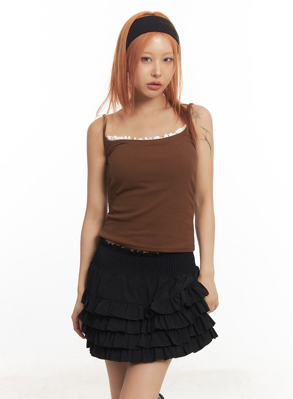 frill-trim-square-neck-cami-top-ia515 / Brown