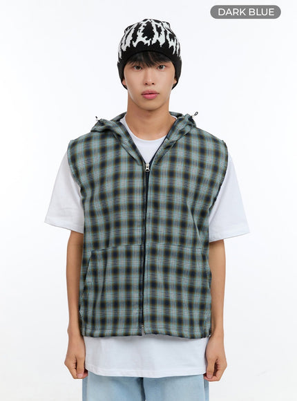 mens-checkered-zip-up-hooded-vest-ig416 / Dark blue