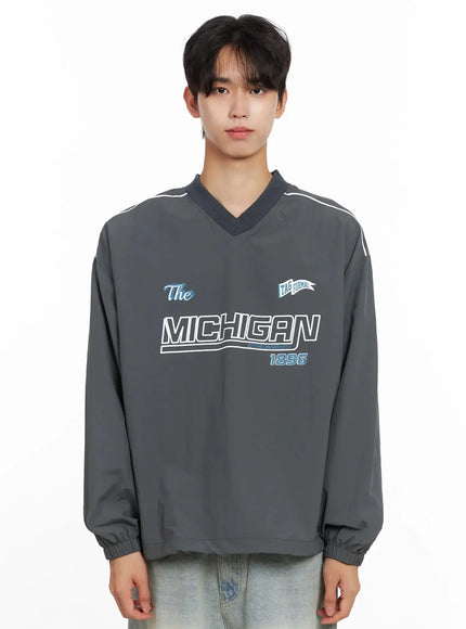mens-v-neck-lettering-windbreak-pullover-io517 / Dark gray