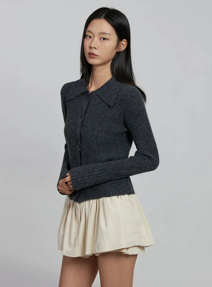 ribbed-knit-button-up-cardigan-im520 / Dark gray