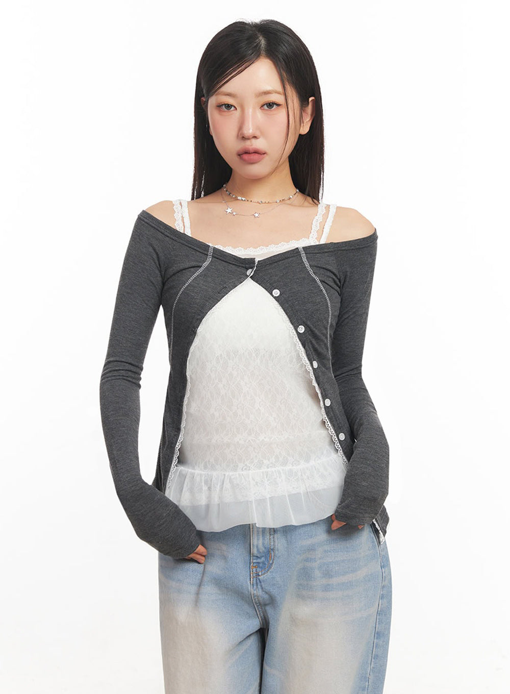 lace-buttoned-off-shoulder-cardigan-ia524 / Dark gray