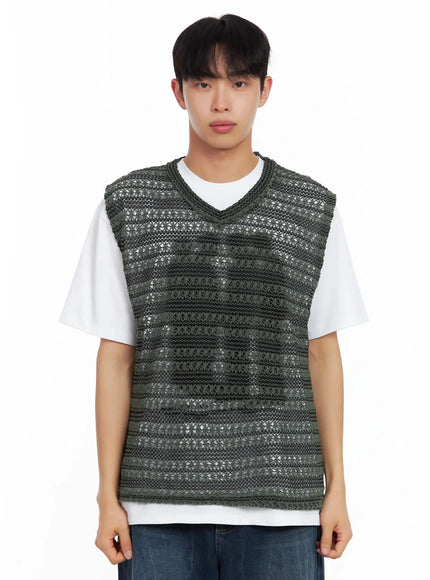 mens-striped-knit-v-neck-vest-il516 / Dark green