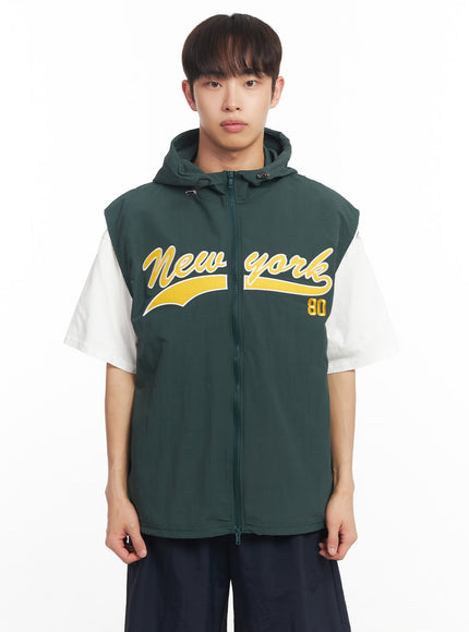 mens-new-york-graphic-hooded-vest-ia518 / Dark green