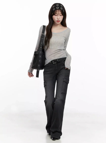 sheer-long-sleeve-top-in503 / Gray