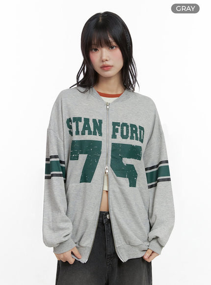 cozy-lettered-zip-up-sweatshirt-io430 / Gray