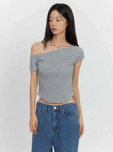 asymmetric-ribbed-short-sleeve-il528 / Gray