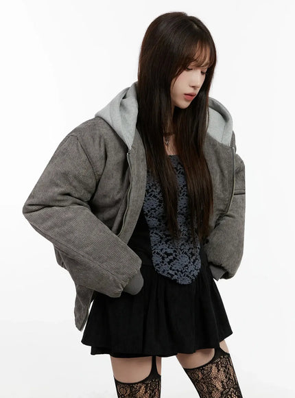 corduroy-hooded-bomber-jacket-ij521 / Gray