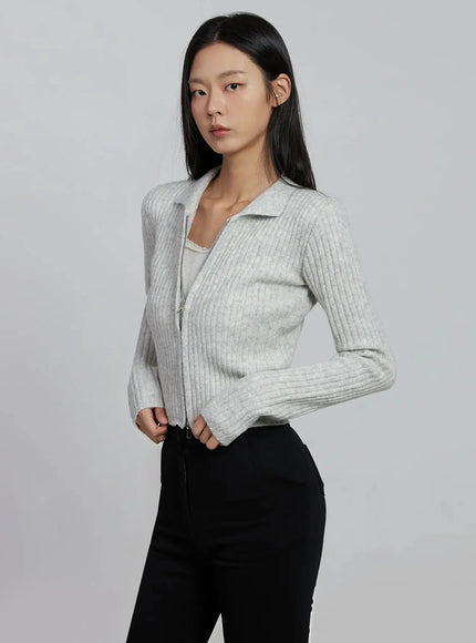 ribbed-knit-collared-zip-up-im520 / Gray