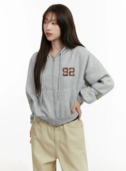 check-numbered-zip-up-hoodie-ij521 / Gray