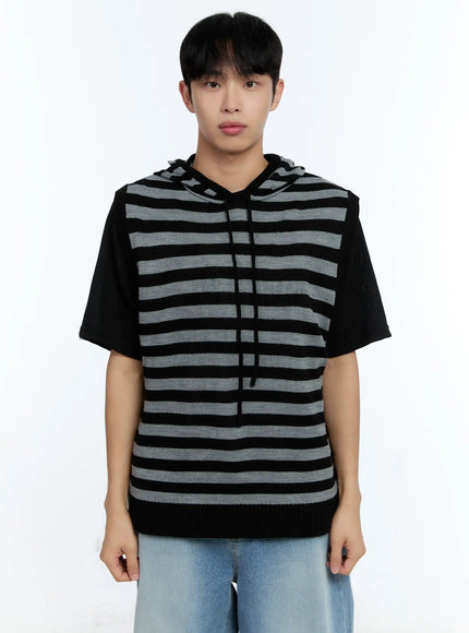 mens-striped-knit-sleeveless-hoodie-ig515 / Gray
