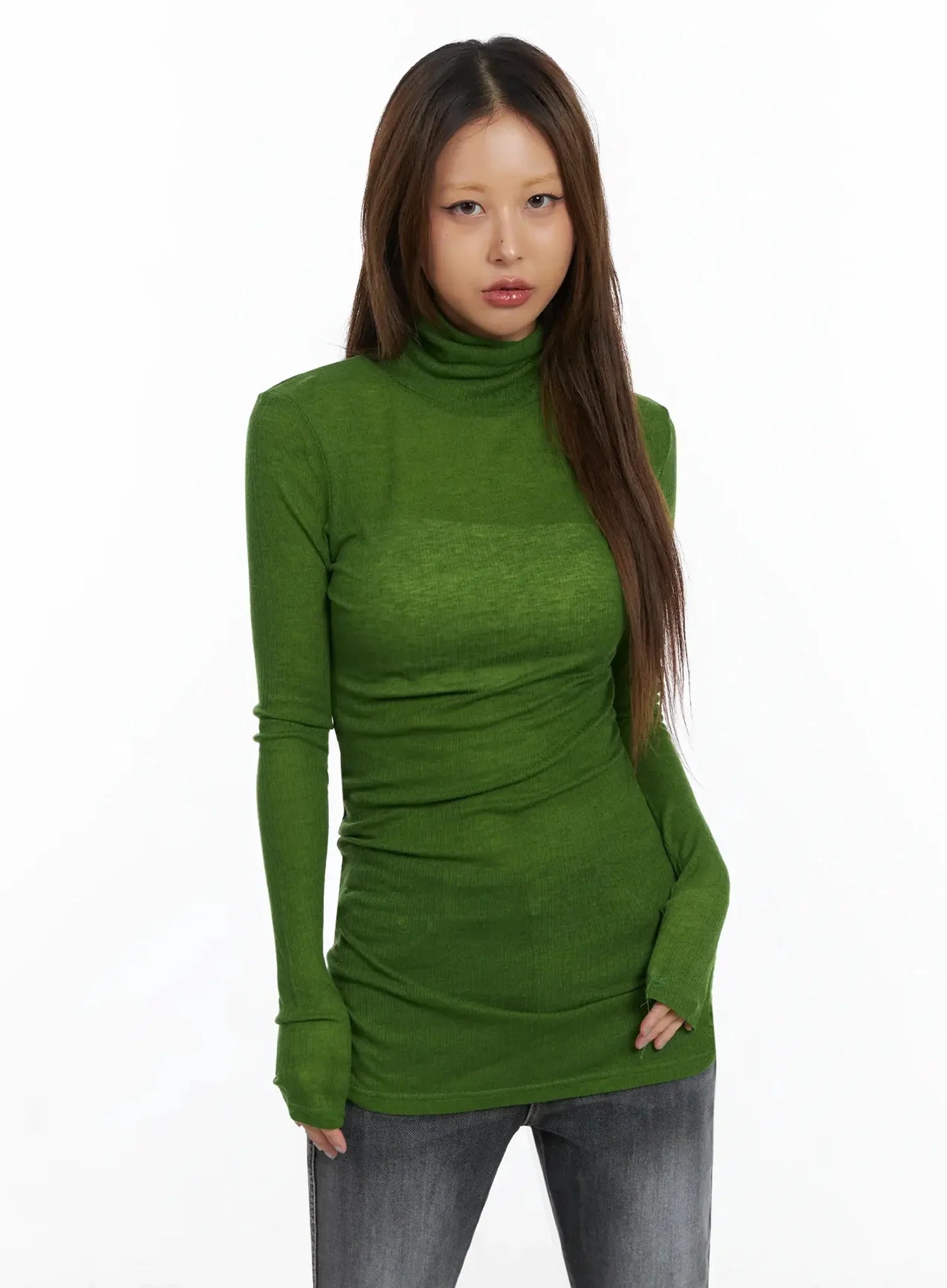 slim-fit-thumbhole-turtleneck-top-id503 / Green