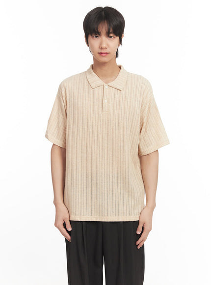 mens-loose-fit-collared-ribbed-t-shirt-ia510 / Light beige