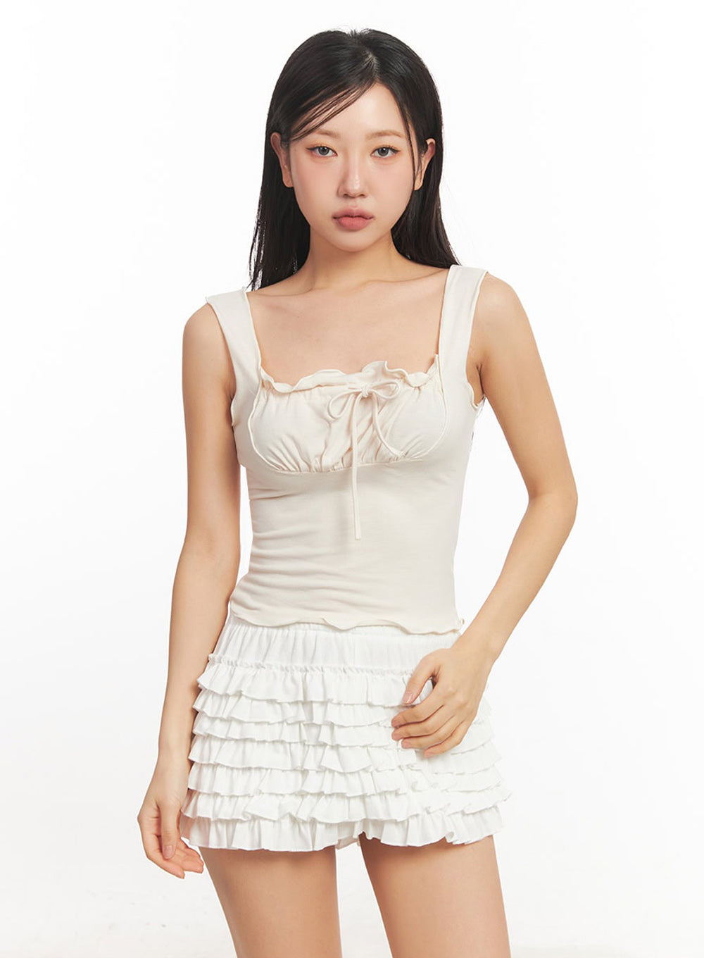 ribbon-frill-square-neck-crop-tank-top-ia524 / Light beige