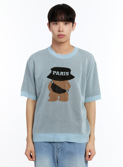 men-s-teddy-graphic-knit-t-shirt-iy530 / Light blue