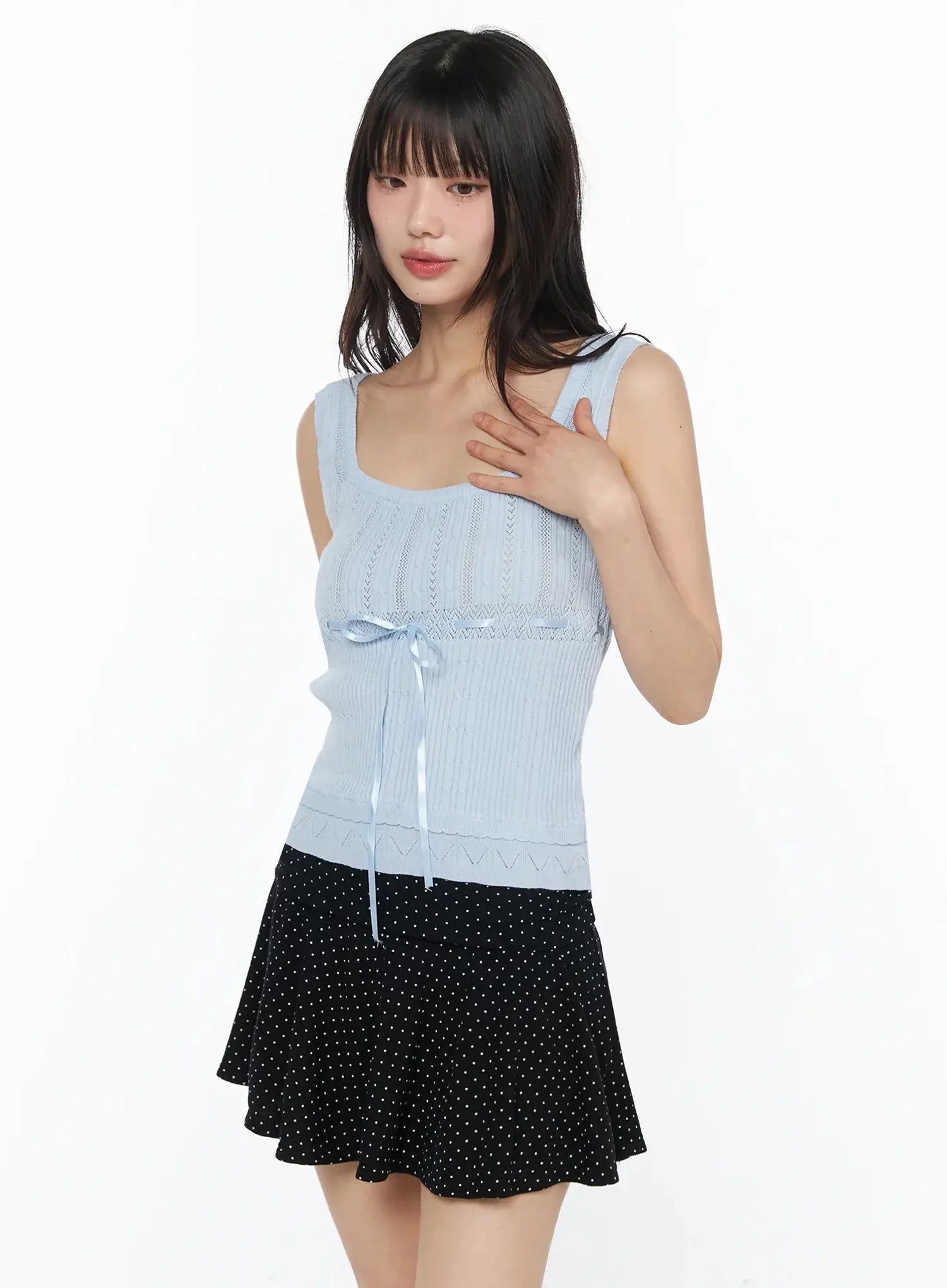 ribbon-knit-sleeveless-top-iy525 / Light blue