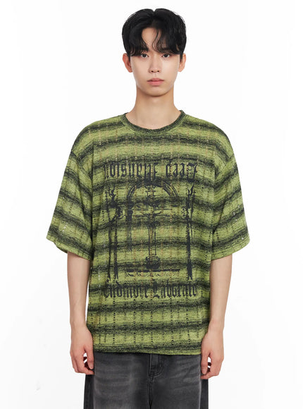 mens-oversized-striped-graphic-tee-iu526 / Light green