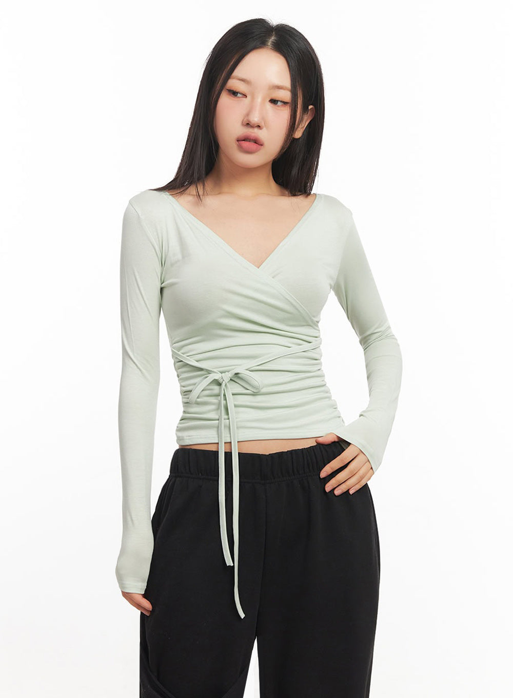 wrap-shirred-long-sleeve-crop-top-ia524 / Light green
