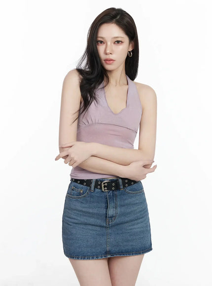 shirred-sleeveless-halter-neck-tank-top-ij528 / Pink